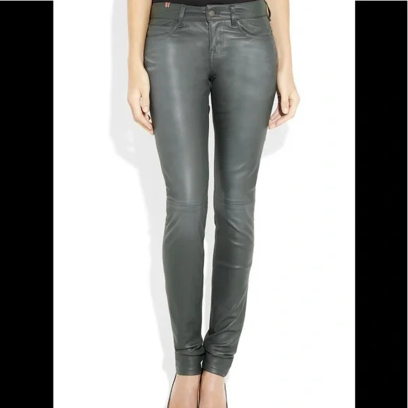 Notify Genuine Leather Skinny Pants Made in Italy Emerald Green - Picture 2 of 11